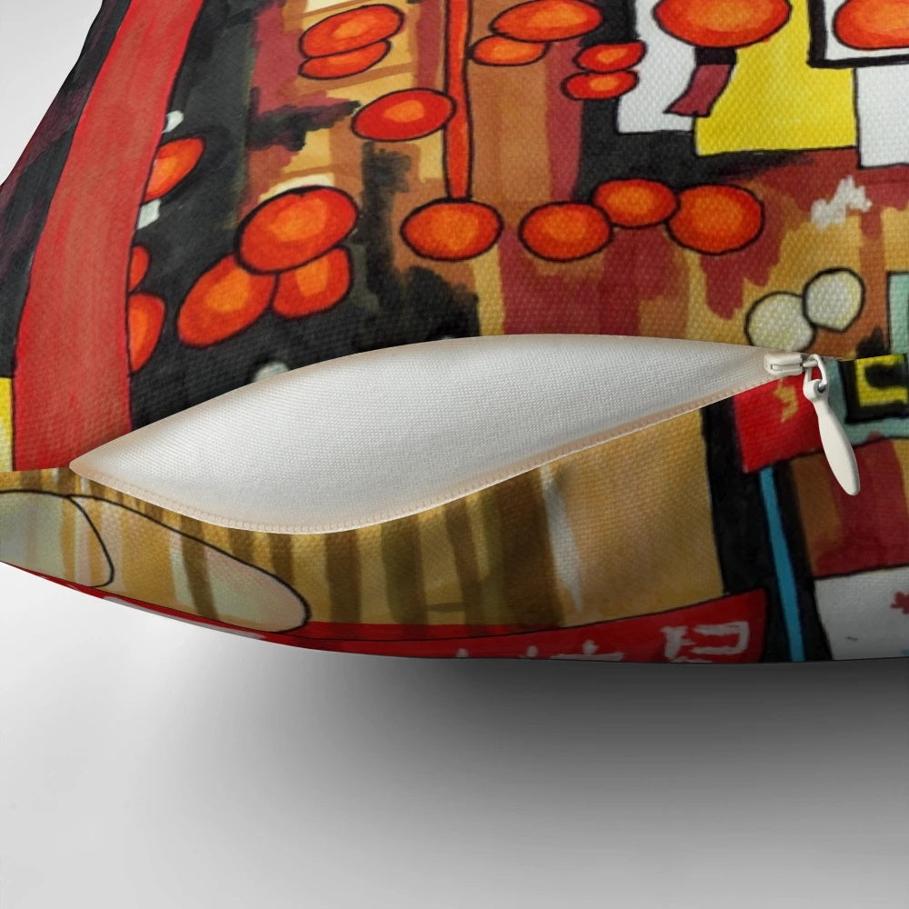 Decorative throw pillow featuring vibrant street lanterns in a modern industrial style.