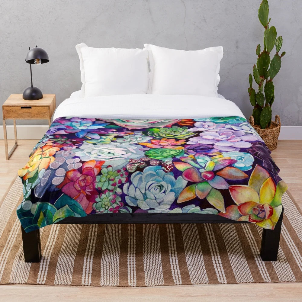 Succulent garden plush blanket with vibrant watercolor pattern