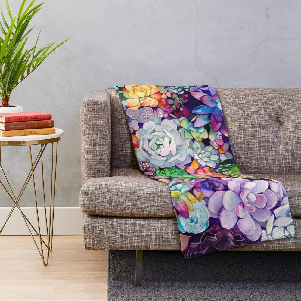 Succulent garden plush blanket with vibrant watercolor pattern