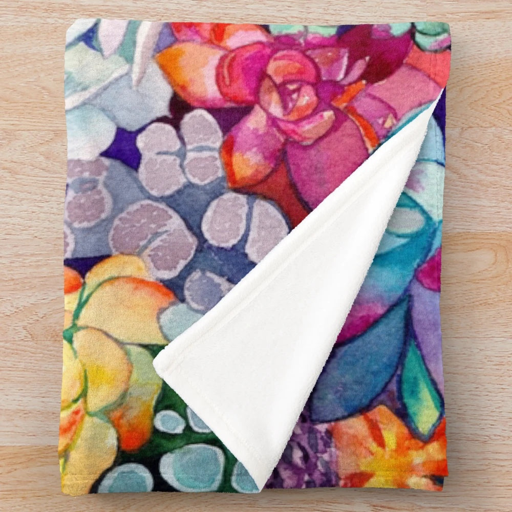 Succulent garden plush blanket with vibrant watercolor pattern