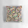 Colorful sugar skull collage design on a decorative throw pillow
