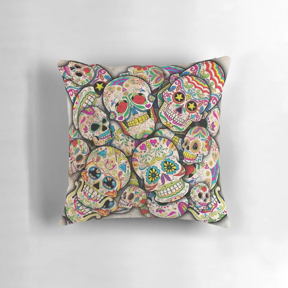 Colorful sugar skull collage design on a decorative throw pillow
