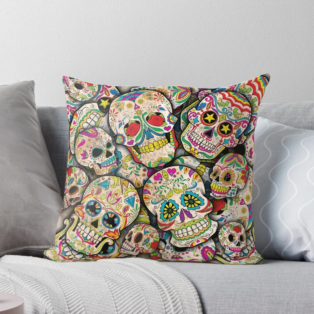 Colorful sugar skull collage design on a decorative throw pillow