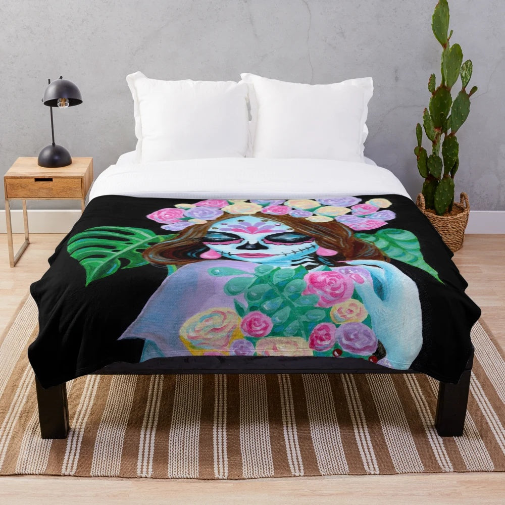 Sugar skull girl with flowers plush blanket featuring La Catrina inspired Mexican folk art design