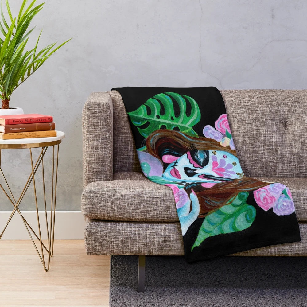 Sugar skull girl with flowers plush blanket featuring La Catrina inspired Mexican folk art design