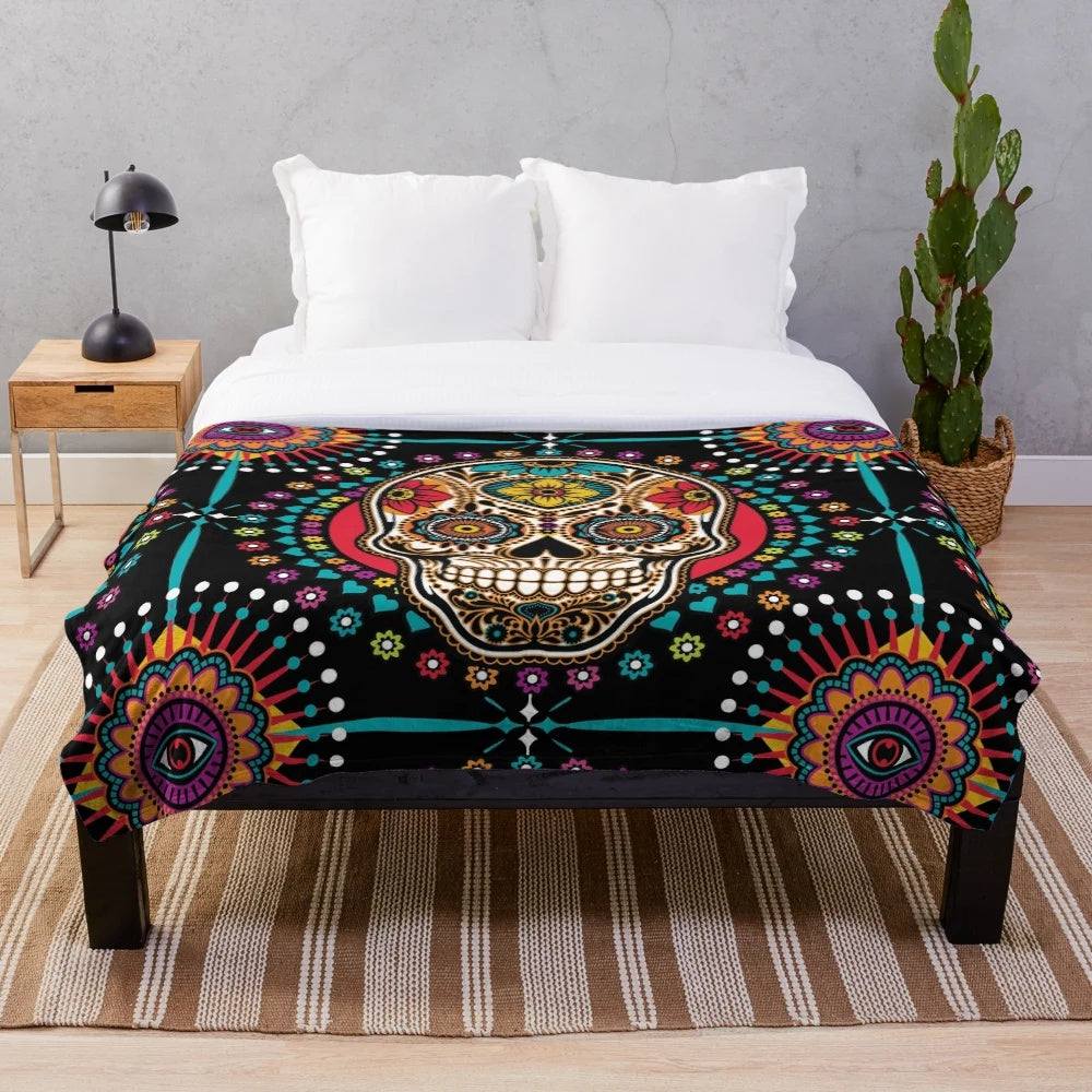 Colorful sugar skull design plush blanket for Day of the Dead