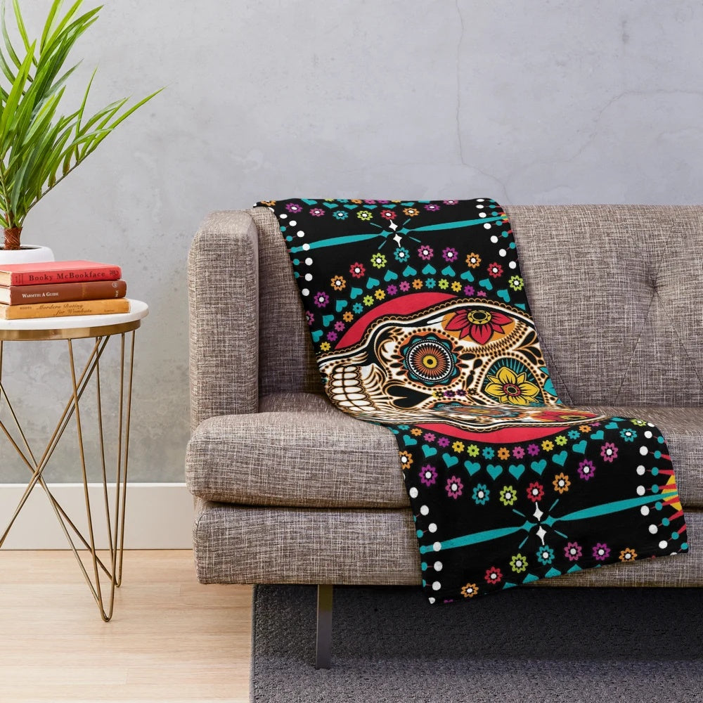 Colorful sugar skull design plush blanket for Day of the Dead