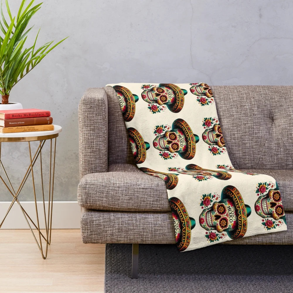 Colorful sugar skull plush blanket with Mexican-inspired design