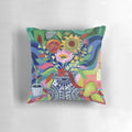 Colorful floral still life decorative pillow featuring a vase of bright summer blooms