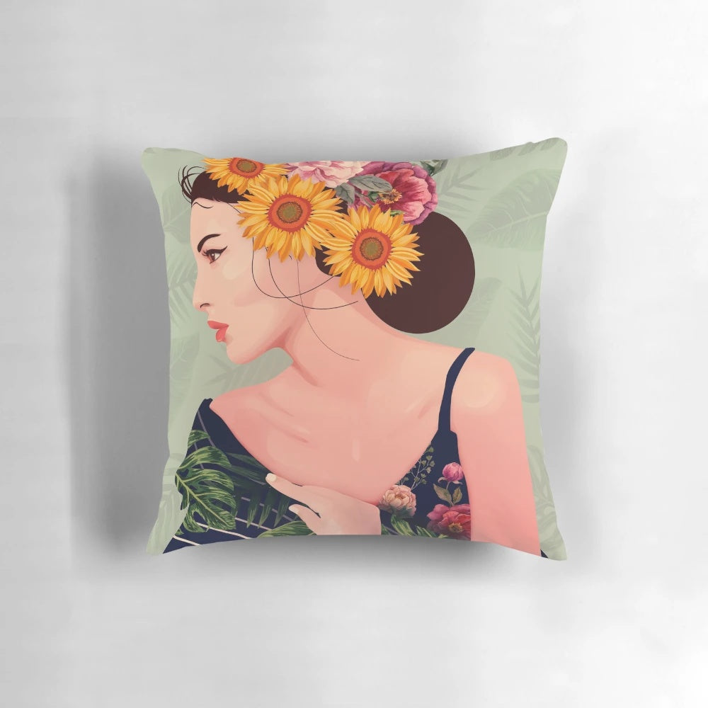 Colorful summer floral throw pillow featuring tropical flowers, palms, and a playful female figure