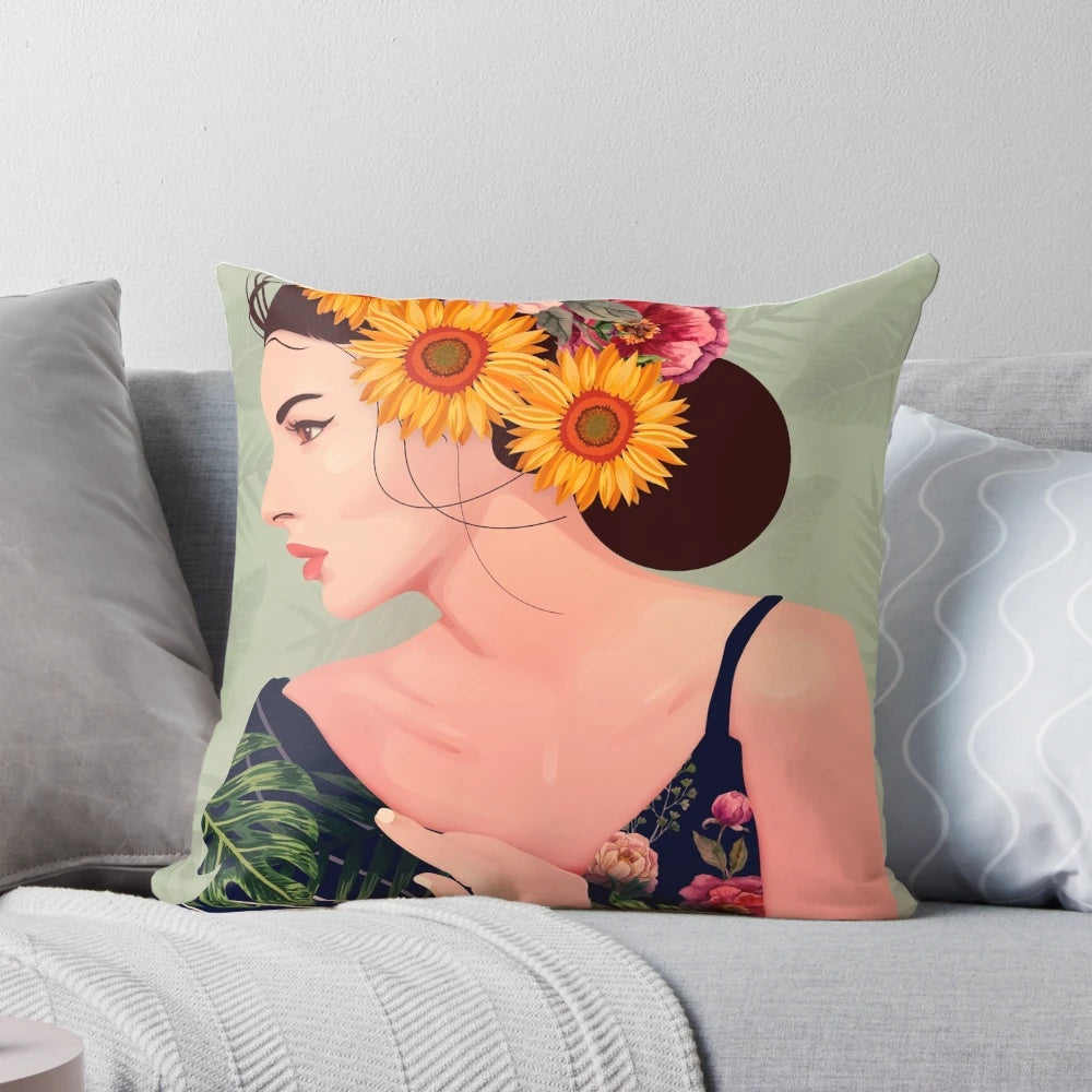 Colorful summer floral throw pillow featuring tropical flowers, palms, and a playful female figure