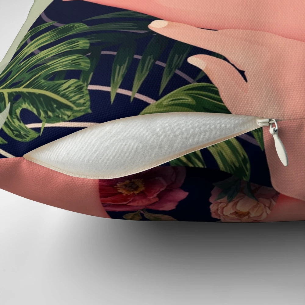 Colorful summer floral throw pillow featuring tropical flowers, palms, and a playful female figure