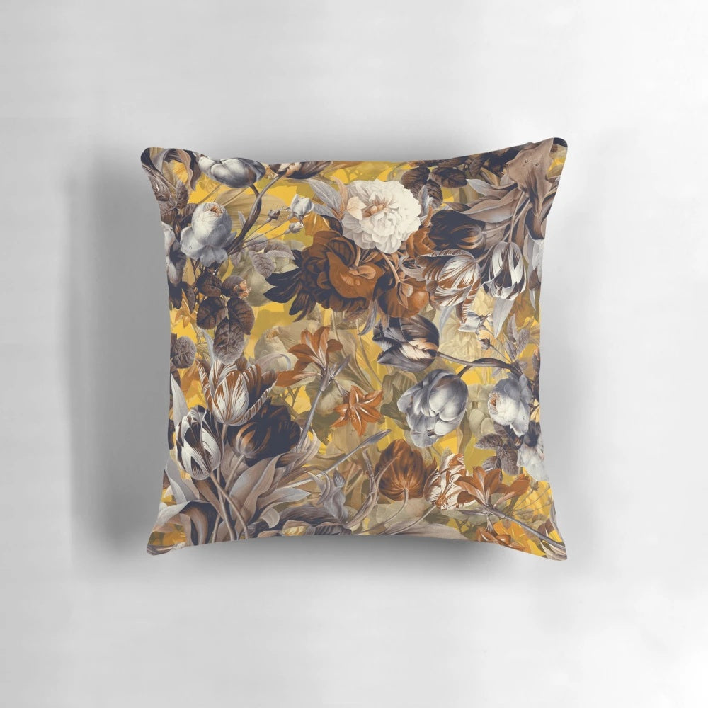 Colorful summer botanical pattern on a square throw pillow for home decor.