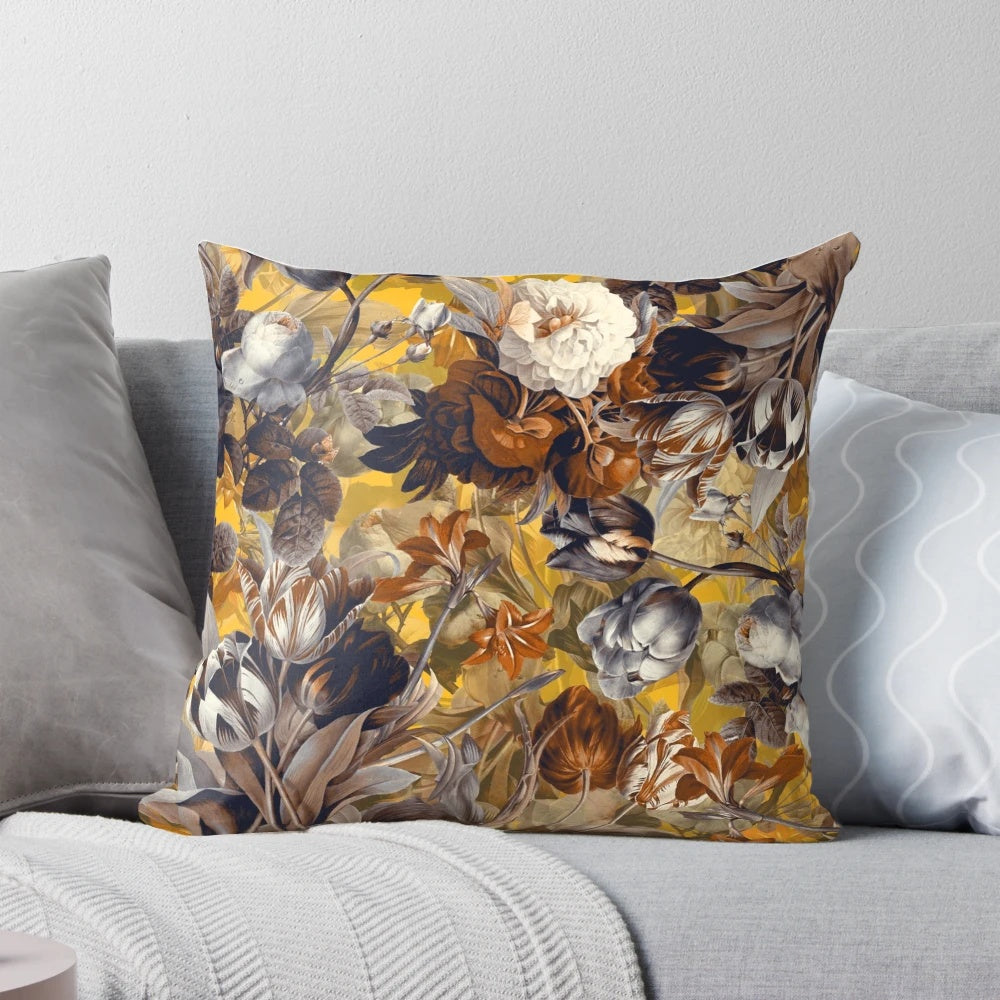 Colorful summer botanical pattern on a square throw pillow for home decor.