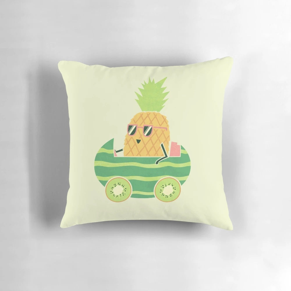 Bright and colorful summer-themed pillow featuring pineapple, watermelon, kiwi, and car graphics