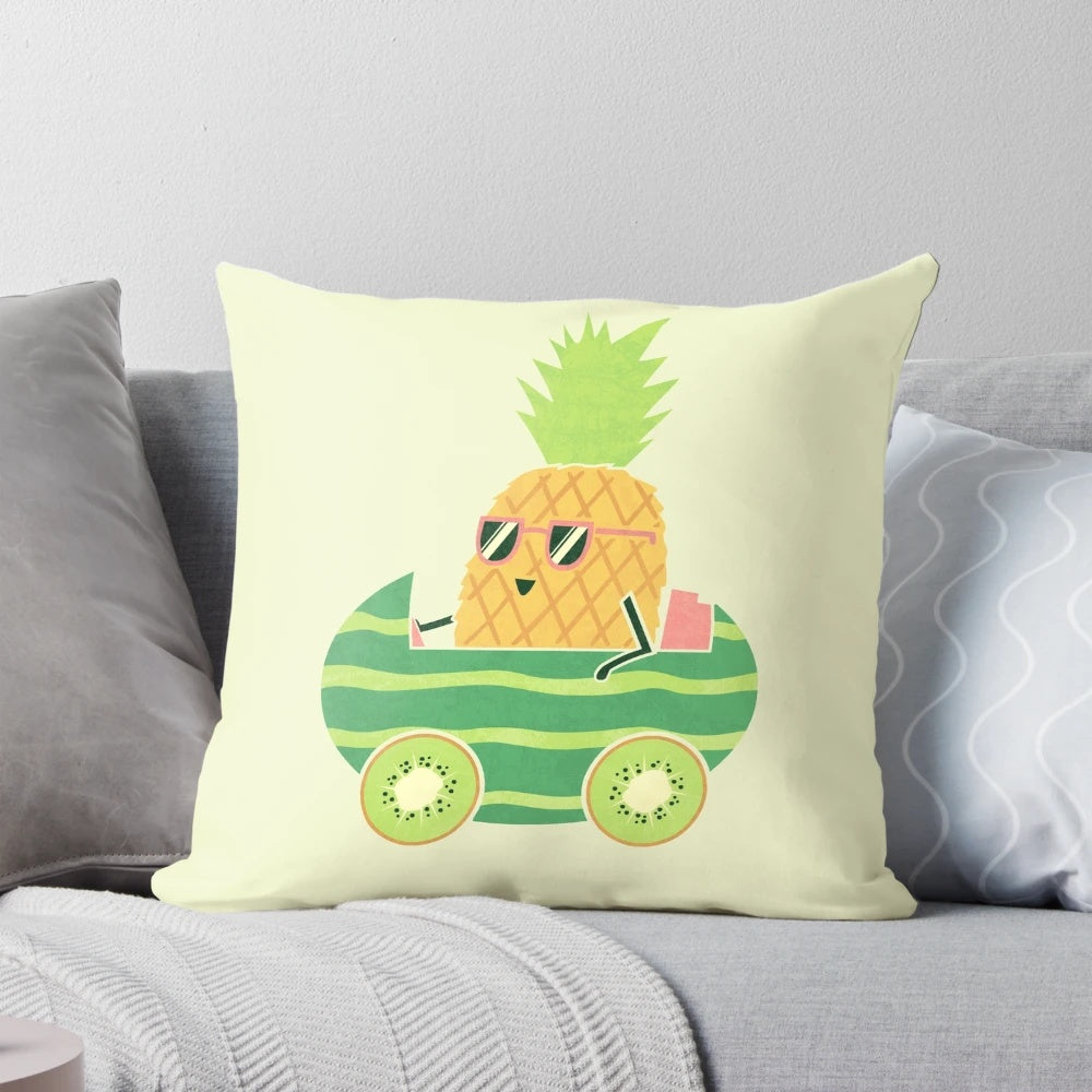 Bright and colorful summer-themed pillow featuring pineapple, watermelon, kiwi, and car graphics