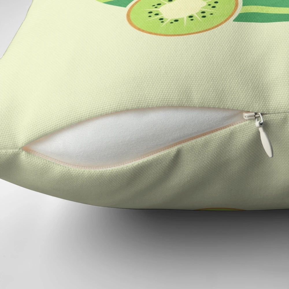 Bright and colorful summer-themed pillow featuring pineapple, watermelon, kiwi, and car graphics