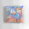 Colorful summer harbor throw pillow with sailboat, sea shells, and whimsical seaside accents