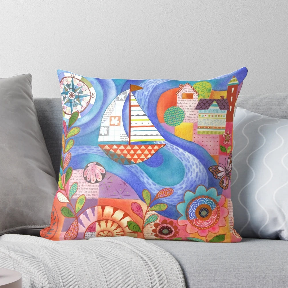 Colorful summer harbor throw pillow with sailboat, sea shells, and whimsical seaside accents