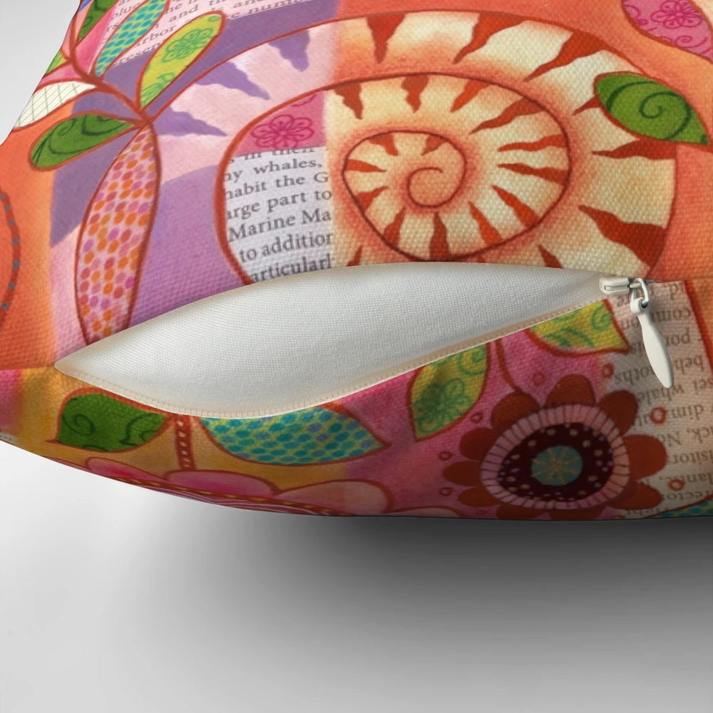 Colorful summer harbor throw pillow with sailboat, sea shells, and whimsical seaside accents