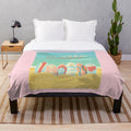 Plush blanket featuring a summer surfing scene with a blue ocean, sky, and surfboard