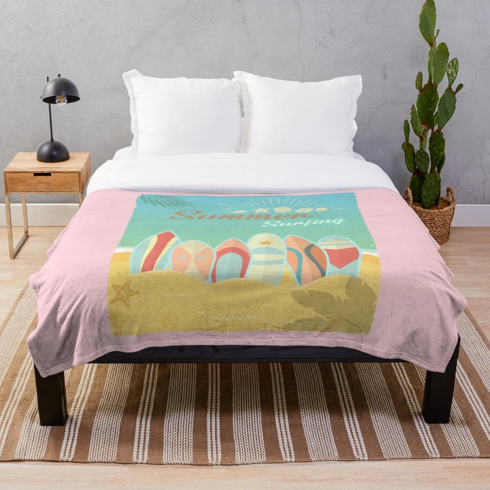 Plush blanket featuring a summer surfing scene with a blue ocean, sky, and surfboard