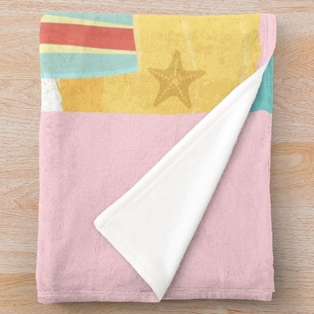 Plush blanket featuring a summer surfing scene with a blue ocean, sky, and surfboard