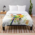 Soft and colorful plush blanket featuring a sun conure parakeet design