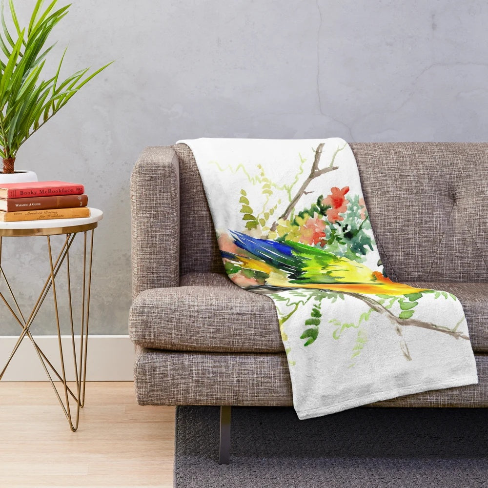 Soft and colorful plush blanket featuring a sun conure parakeet design