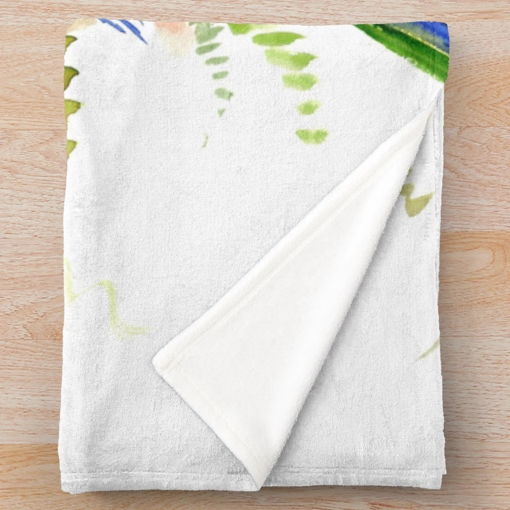 Soft and colorful plush blanket featuring a sun conure parakeet design