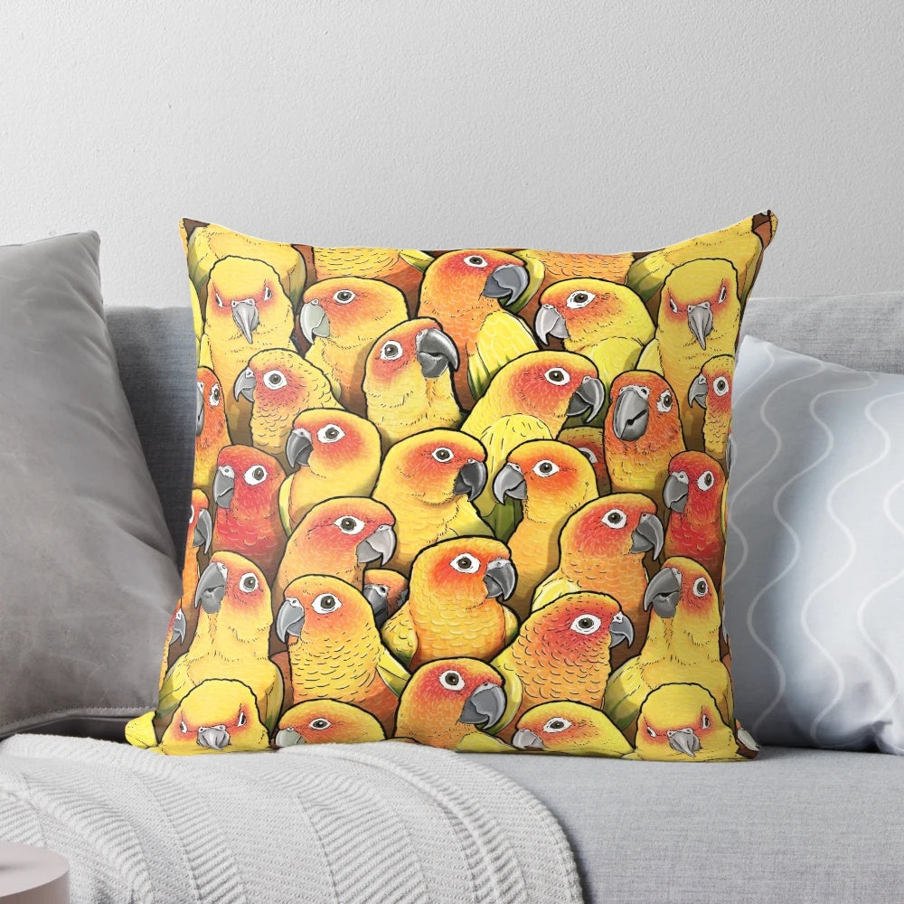 Soft, plush pillow featuring a vibrant sun conure parrot design