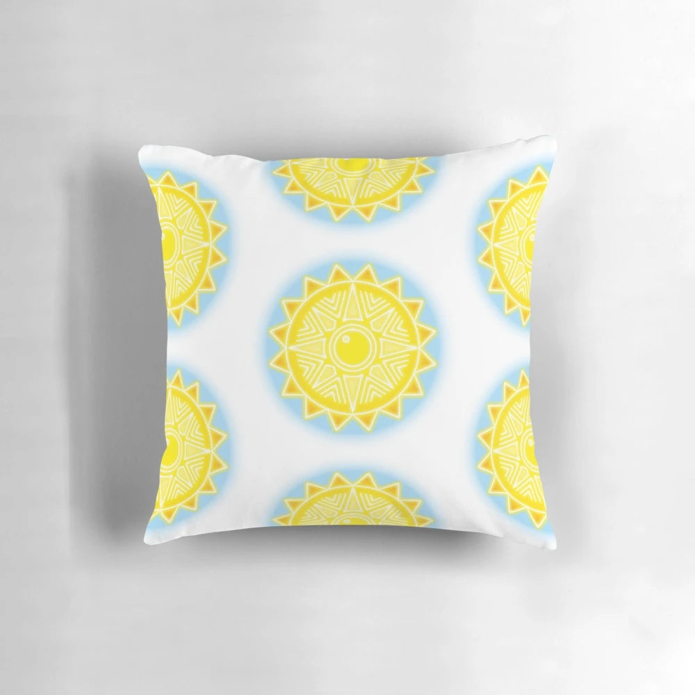 Colorful sun design with a neon effect on a modern, minimalist style pillow