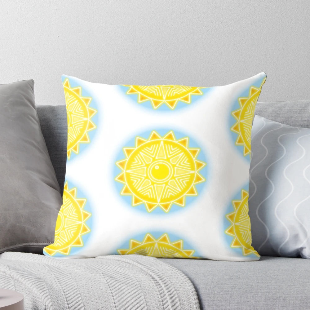 Colorful sun design with a neon effect on a modern, minimalist style pillow