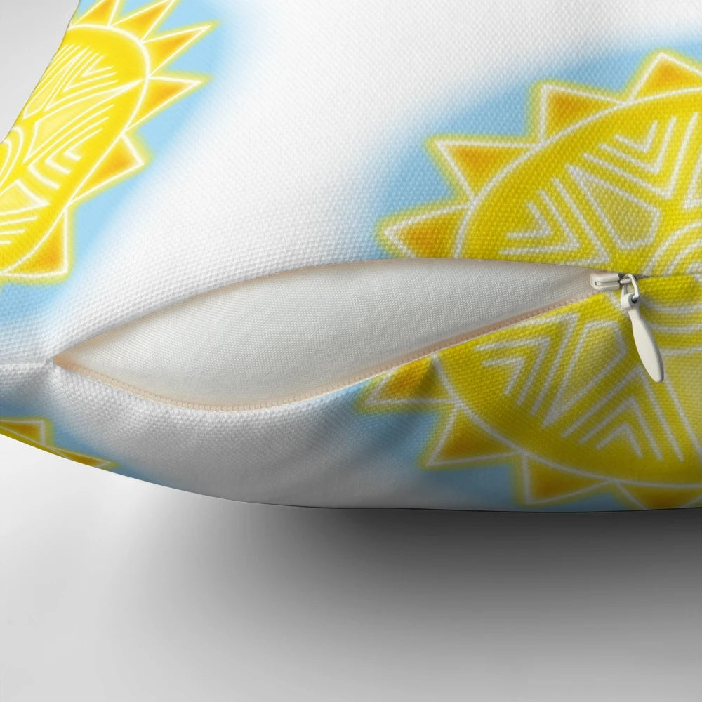 Colorful sun design with a neon effect on a modern, minimalist style pillow