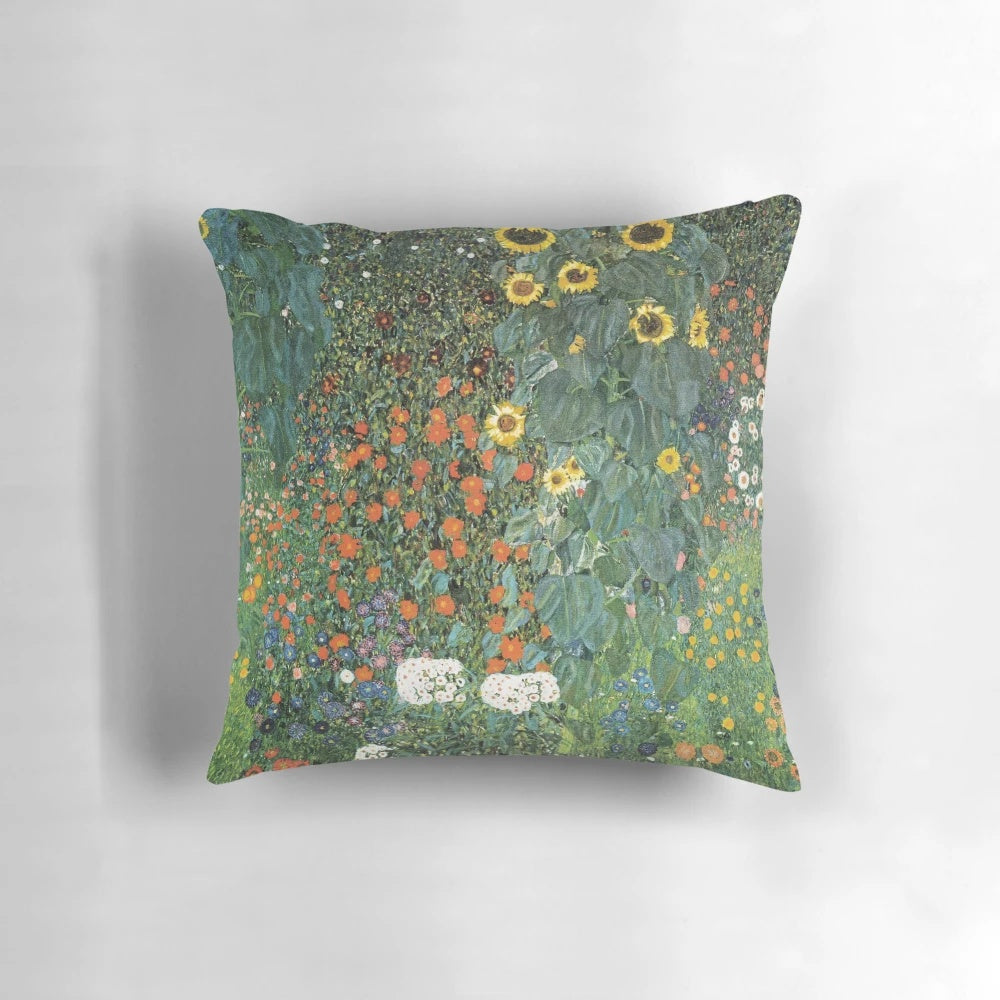 Decorative pillow featuring a vibrant sunflower design inspired by the artwork of Gustav Klimt