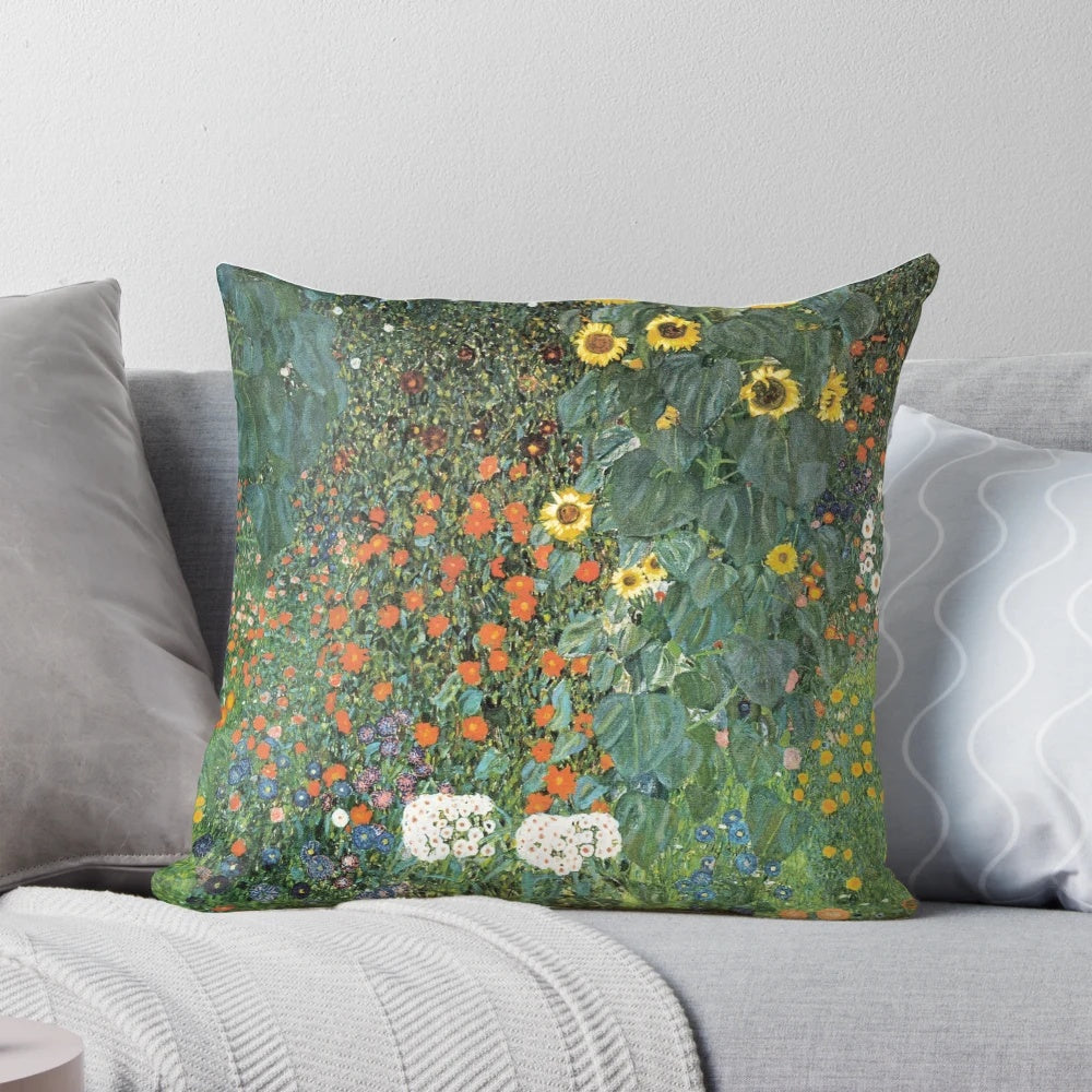 Decorative pillow featuring a vibrant sunflower design inspired by the artwork of Gustav Klimt