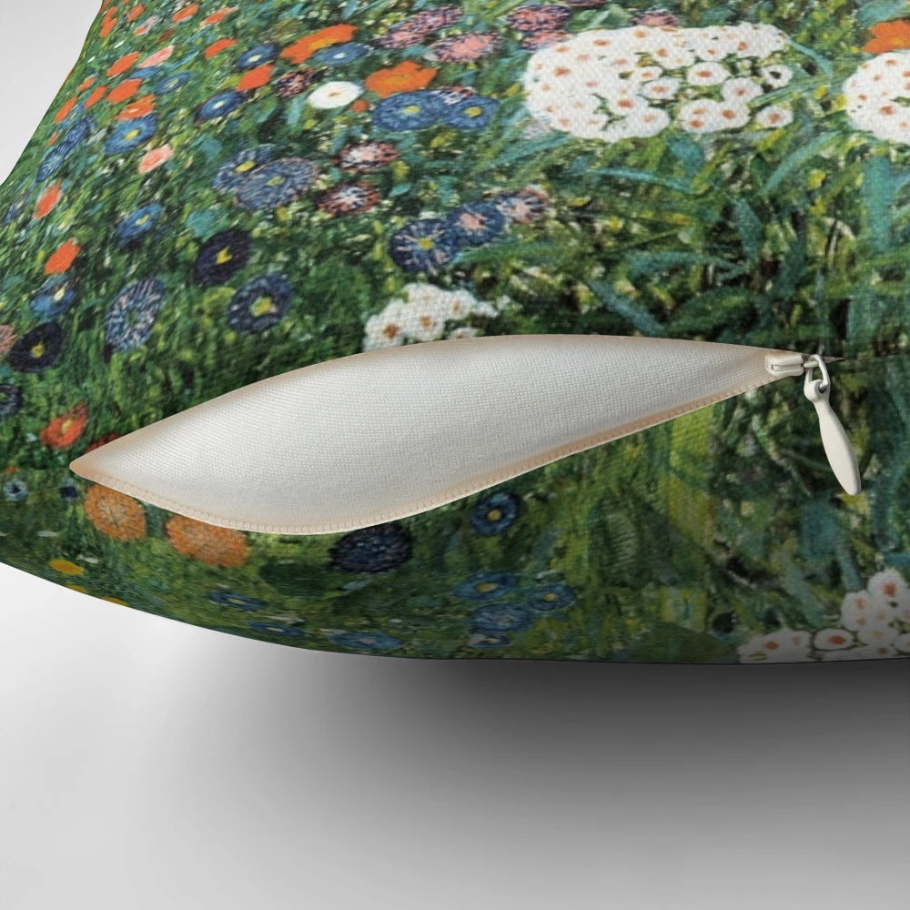 Decorative pillow featuring a vibrant sunflower design inspired by the artwork of Gustav Klimt