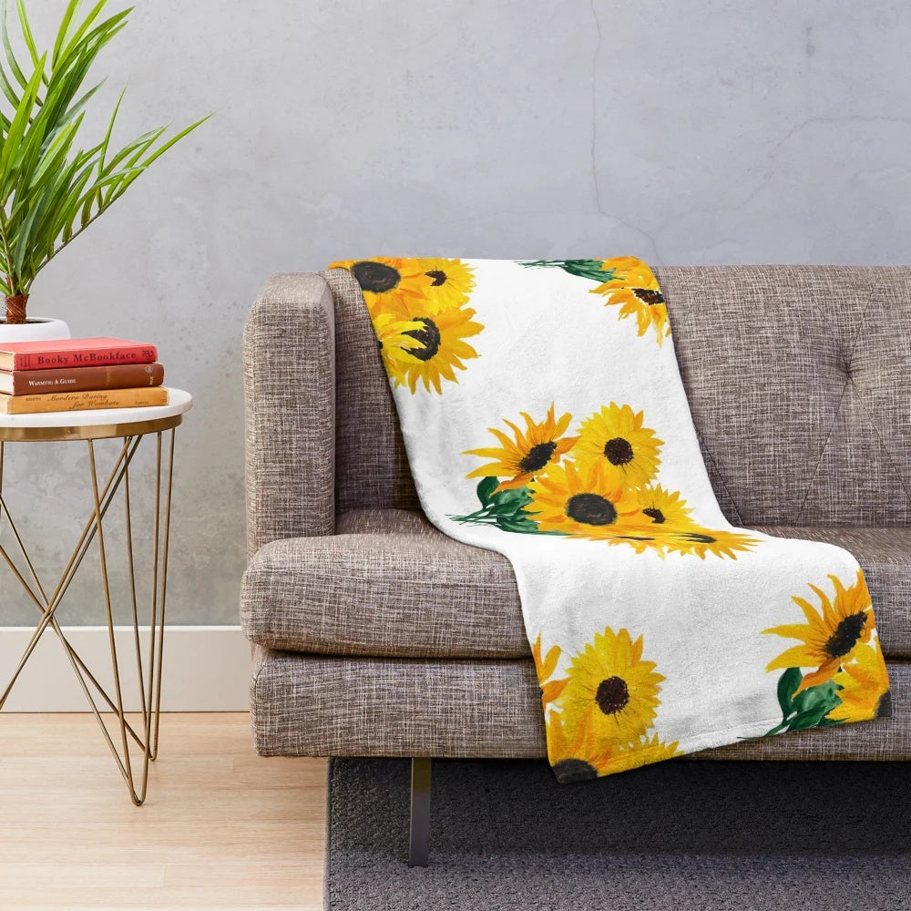 Sunflower bouquet plush blanket with vibrant yellow and green flowers