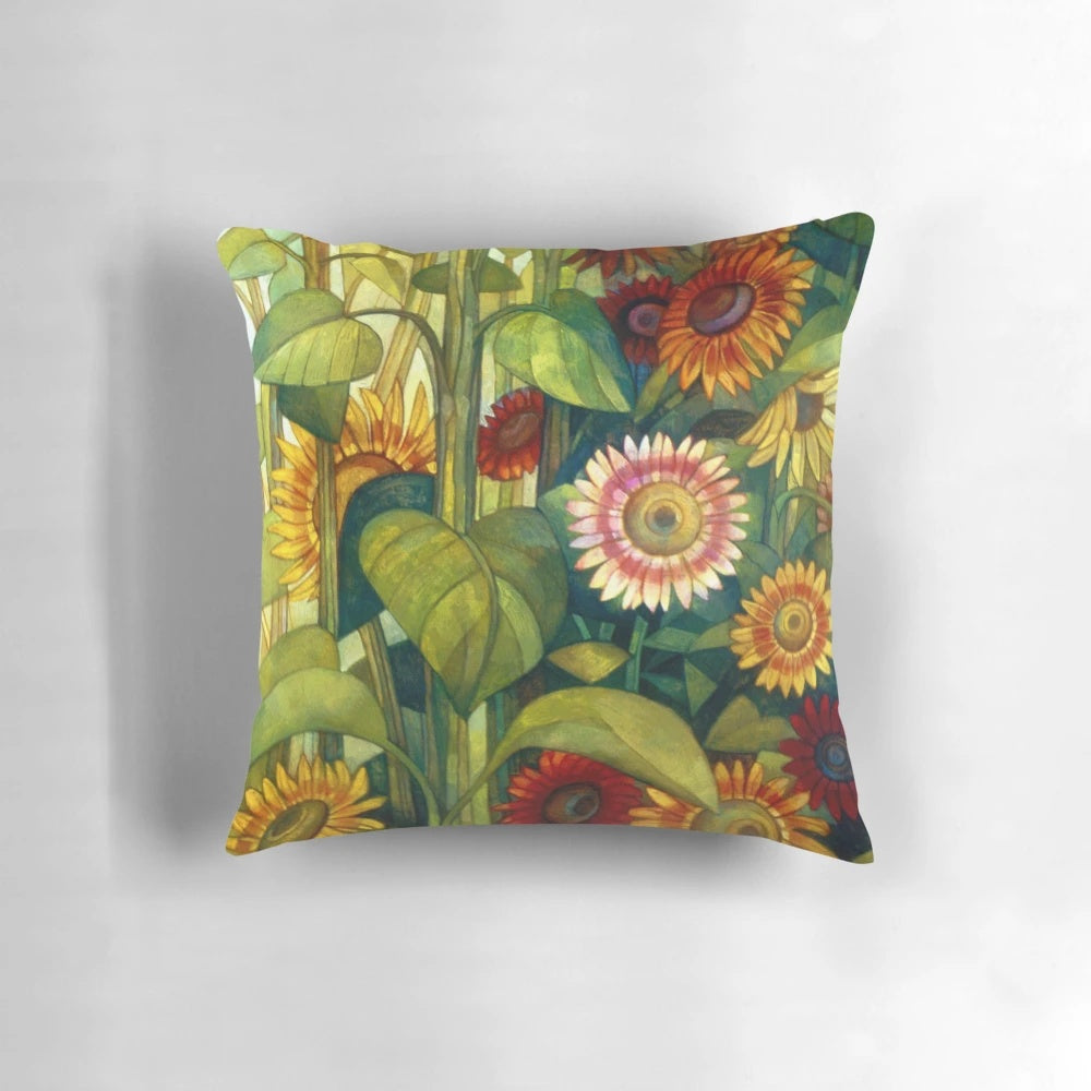 Colorful tempera painting depicting a symbolic sunflower on a Pillow POD