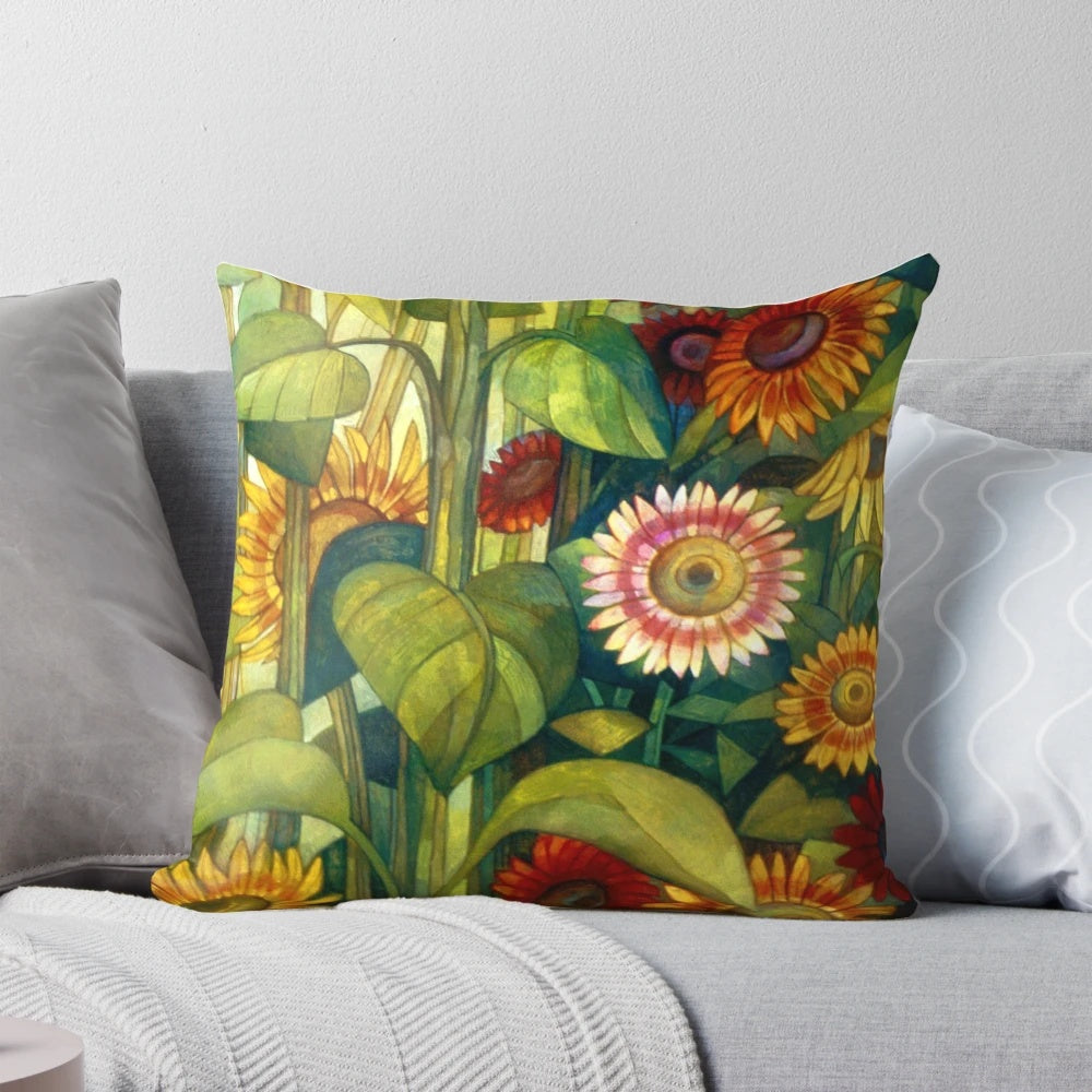 Colorful tempera painting depicting a symbolic sunflower on a Pillow POD