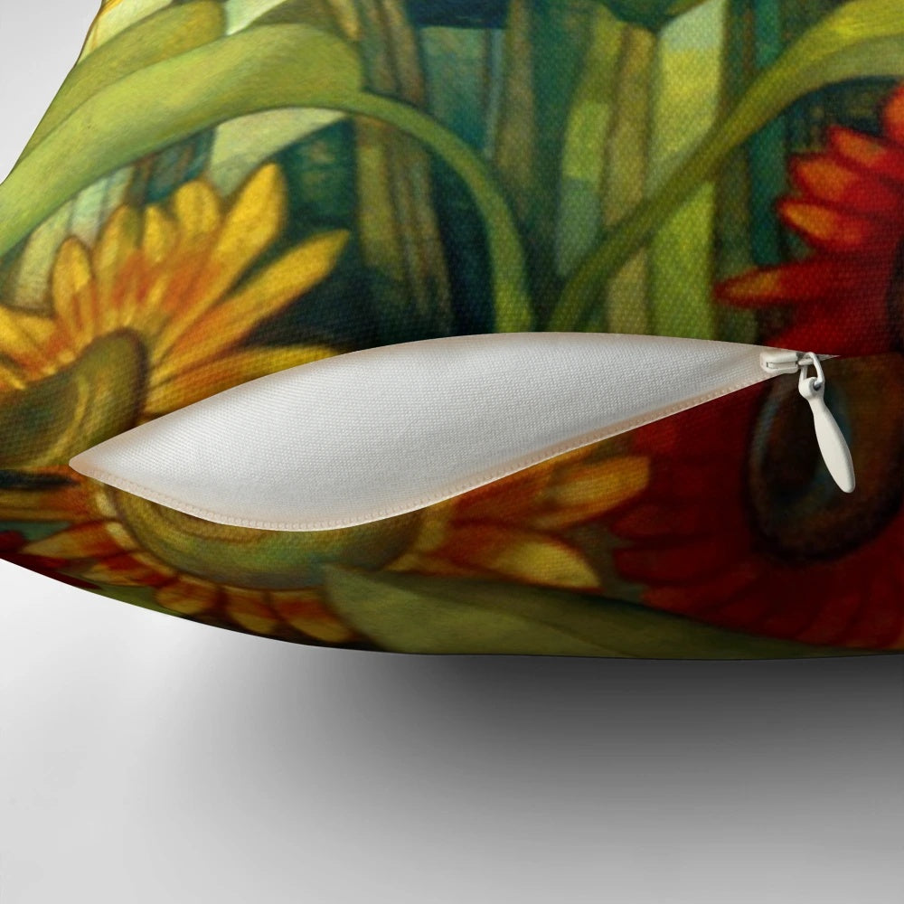 Colorful tempera painting depicting a symbolic sunflower on a Pillow POD