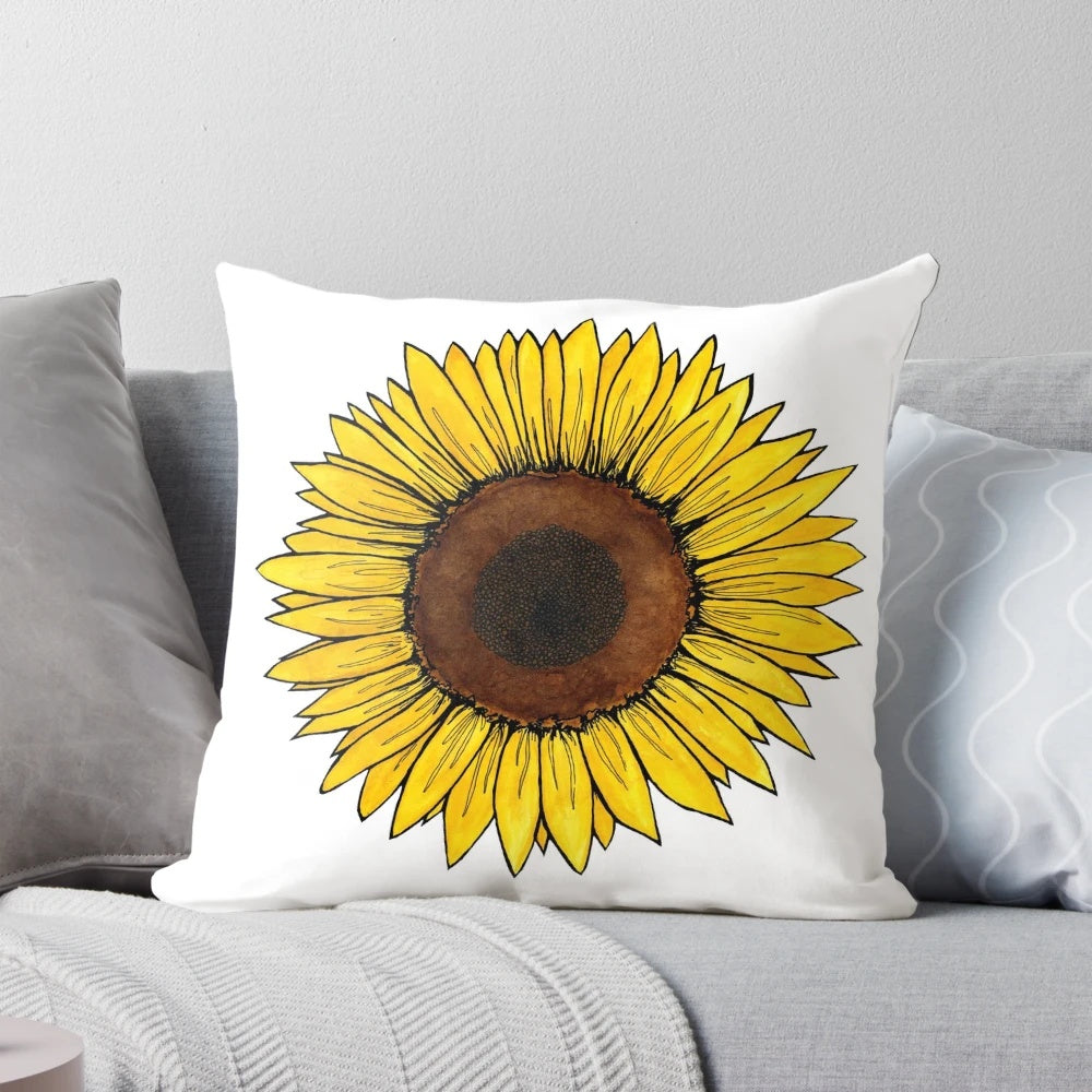 Colorful watercolor illustration of a sunflower on a soft, cozy throw pillow