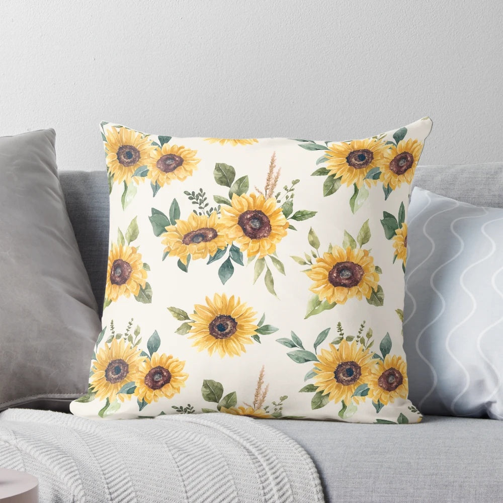 A beautiful sunflower watercolor floral throw pillow with earthy tones and a vintage, bohemian feel.