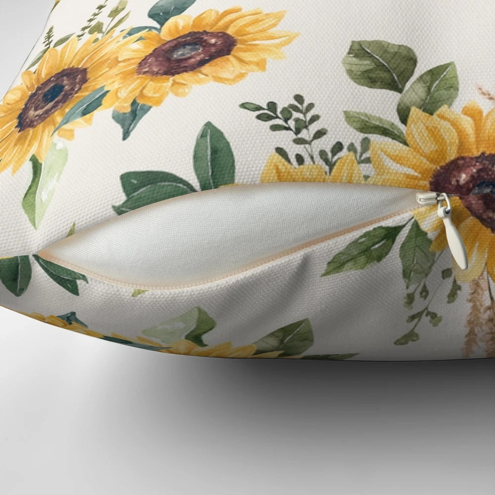 A beautiful sunflower watercolor floral throw pillow with earthy tones and a vintage, bohemian feel.