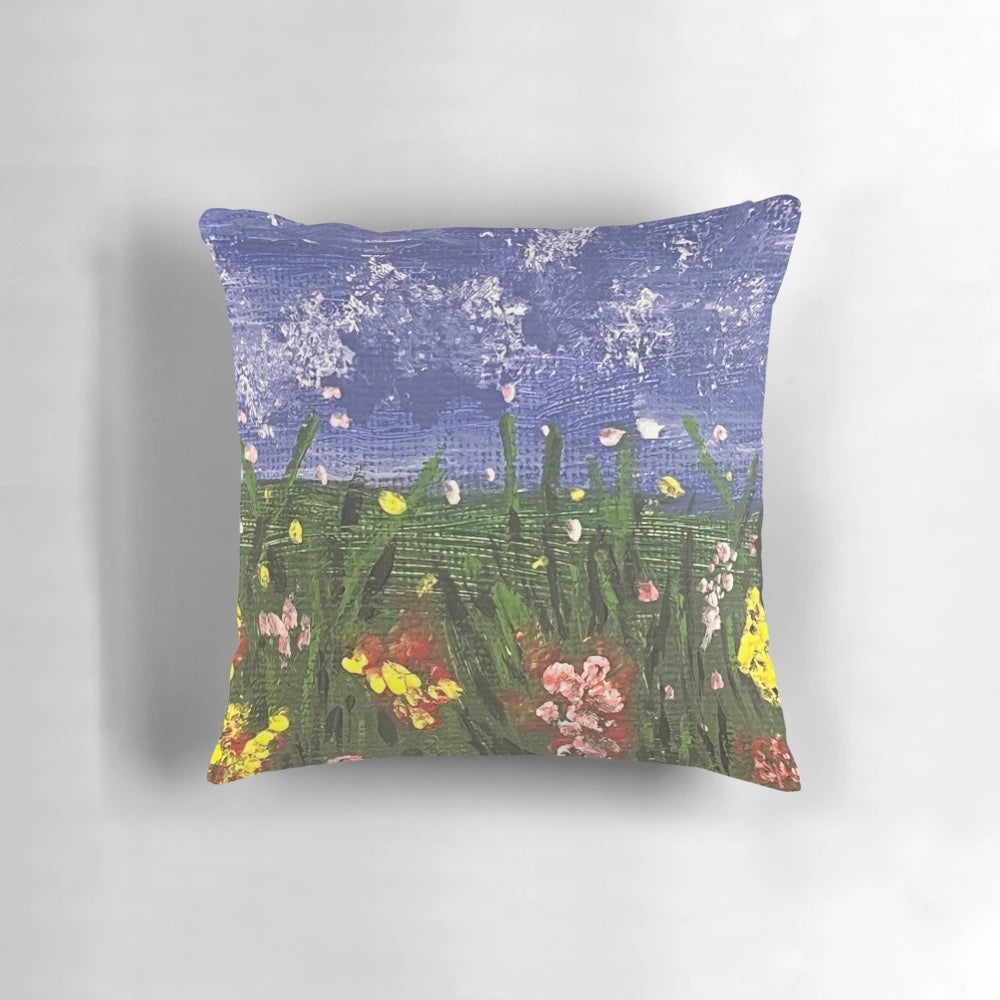 Beautifully detailed pillow with a bright, colorful floral meadow design