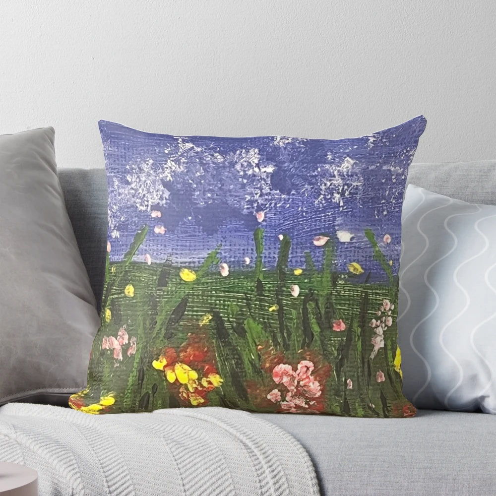 Beautifully detailed pillow with a bright, colorful floral meadow design