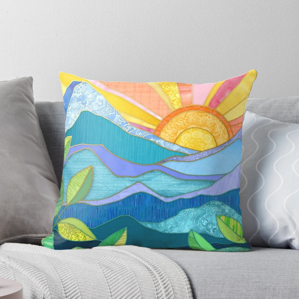 Colorful sunset and leaves patchwork design pillow