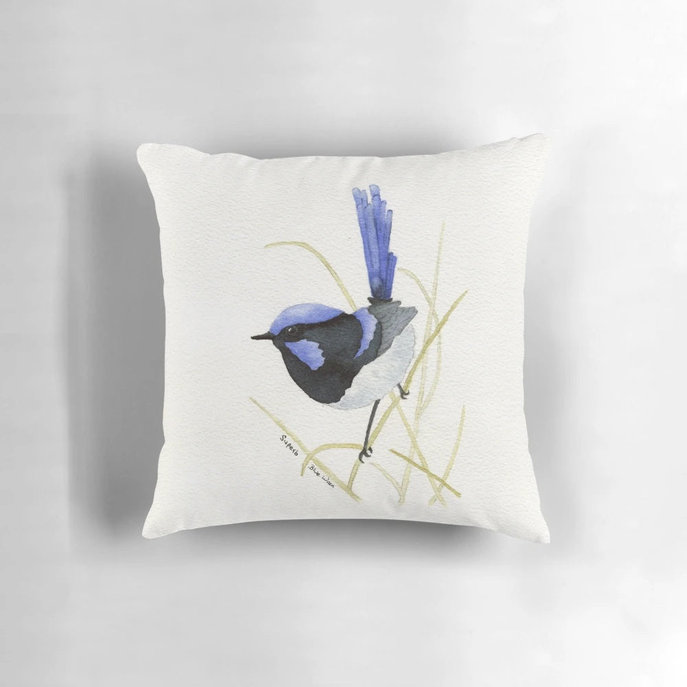 Superb blue wren bird on a decorative pillow