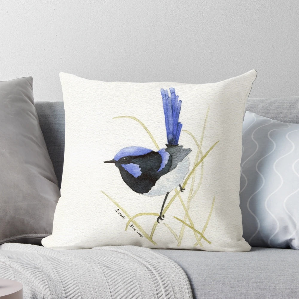 Superb blue wren bird on a decorative pillow