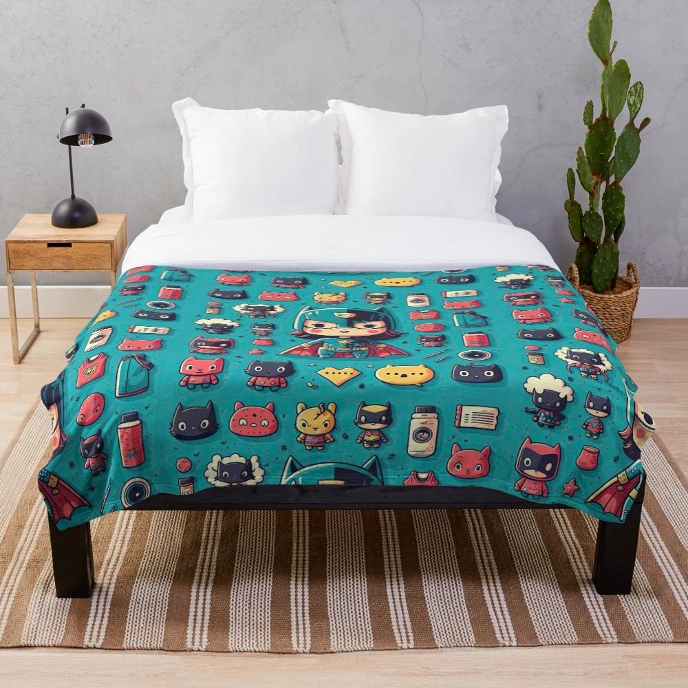 Colorful plush blanket featuring superhero-inspired graphic patterns and designs